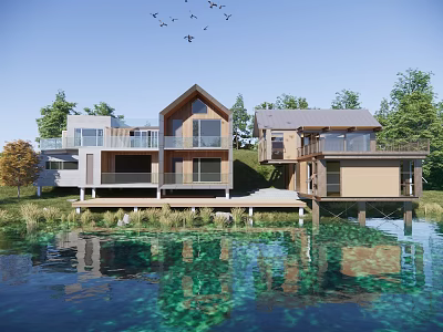 Modern Lakeside Guesthouse Building With Wooden Exterior Terrace And Water Reflection 3d model
