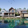 Modern Lakeside Guesthouse Building With Wooden Exterior Terrace And Water Reflection