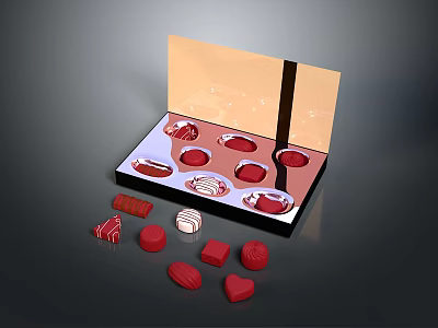 Open Chocolate Gift Box With Various Shapes Red And White Chocolates 3d model