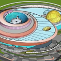 Modern Cultural Center Building Featuring Circular Design Blue Roof And Yellow Dome