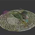 Game Movie Dragon Character Lying On Circular Stone Slab With Intricate Patterns And Moss
