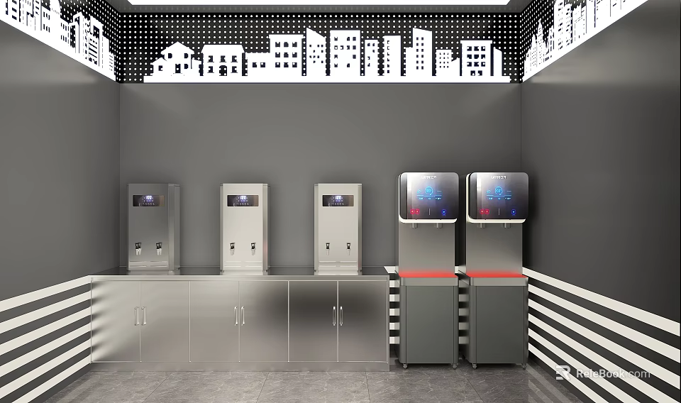 Modern Interior Space Featuring City Skyline Silhouette Water Dispensers And Storage Cabinets 3d model 