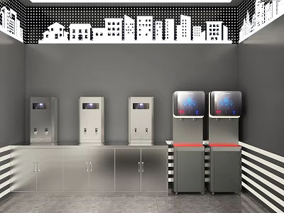 Modern Interior Space Featuring City Skyline Silhouette Water Dispensers And Storage Cabinets 3d model