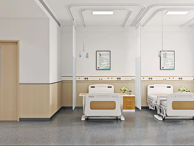 Modern Hospital Ward Interior With Two Beds Bedside Tables Wooden White Walls And Paintings 3d model