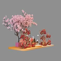 Decorative Display With Pink Cherry Blossom Tree Red Fans Umbrellas And Round Lights