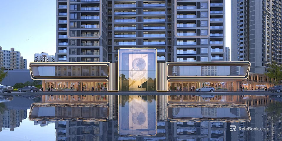Modern Commercial Street With High Rise Buildings Glass Facade Storefronts And Water Reflection 3d model 
