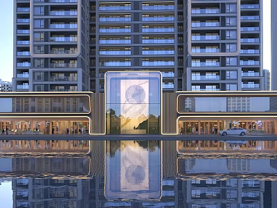 Modern Commercial Street With High Rise Buildings Glass Facade Storefronts And Water Reflection 3d model