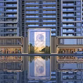Modern Commercial Street With High Rise Buildings Glass Facade Storefronts And Water Reflection