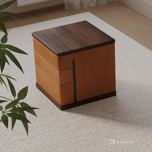 Modern Bedside Table With Wooden Top Brown Panel And Drawers On Carpet With Green Plant 3d model 