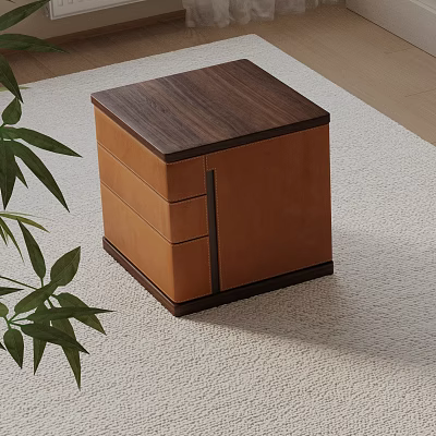 Modern Bedside Table With Wooden Top Brown Panel And Drawers On Carpet With Green Plant 3d model