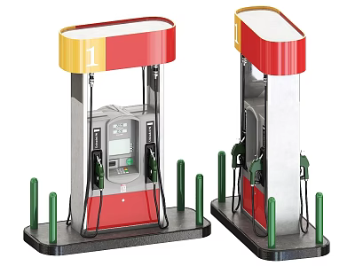 Industrial Fuel Dispensers With Red Yellow Canopy And Green Bollards For Gas Station 3d model