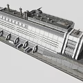 Futuristic Industrial Building With Metallic Structure Circular Windows Antennas Chimneys And Geometric Design