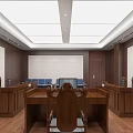 Modern Courtroom Interior With Wooden Judge Bench Counsel Tables And Blue Seats