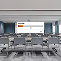 Modern Conference Room Interior With Large Screen Blue Walls And Rows Of Tables And Chairs