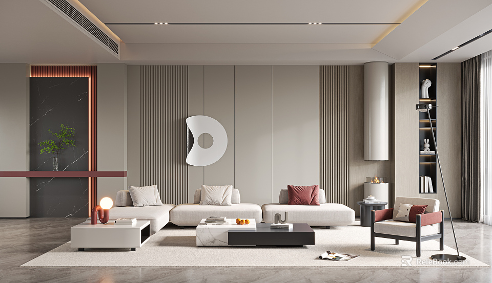 Modern Living Room Interior With L Shaped White Sofa Red Beige Cushions And Striped Wall 3d model 