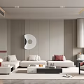 Modern Living Room Interior With L Shaped White Sofa Red Beige Cushions And Striped Wall