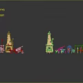 Two Symmetrical Yellow Tower Models With Orange Mechanical Structures On Black Reflective Floor