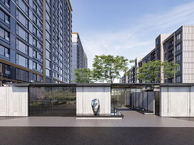 Modern Residential Entrance Gate Surrounded By High Rise Buildings And Green Trees 3d model
