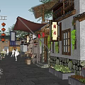 Traditional Chinese Homestay Architecture Featuring Stone Paved Alley Red Lanterns Shop Signs And Climbing Plants