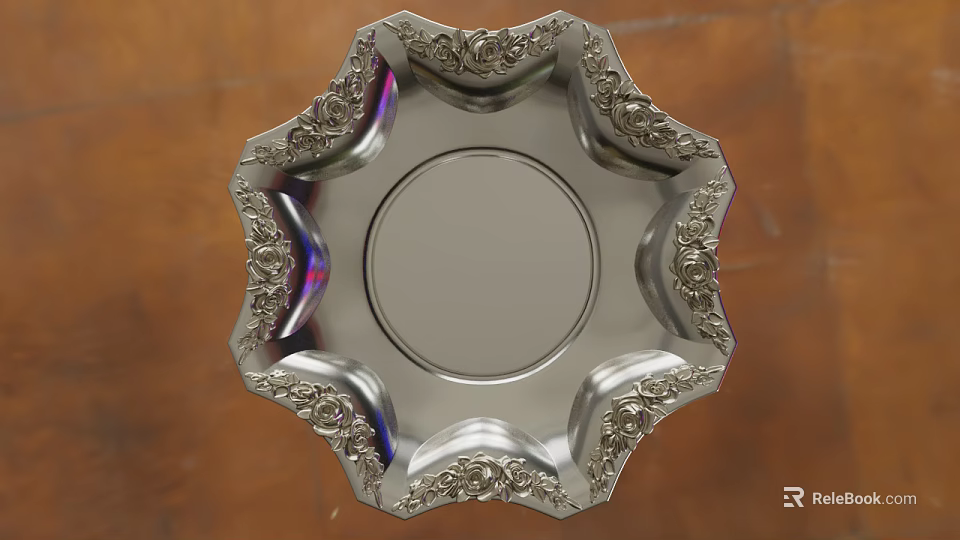 Silver Decorative Plate With Intricate Carved Edges And Shiny Surface On Wooden Background 3d model 
