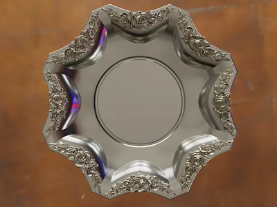 Silver Decorative Plate With Intricate Carved Edges And Shiny Surface On Wooden Background 3d model