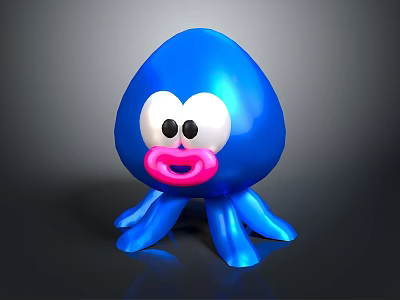 Blue cartoon octopus with big white eyes black pupils pink mouth and multiple blue tentacles 3d model