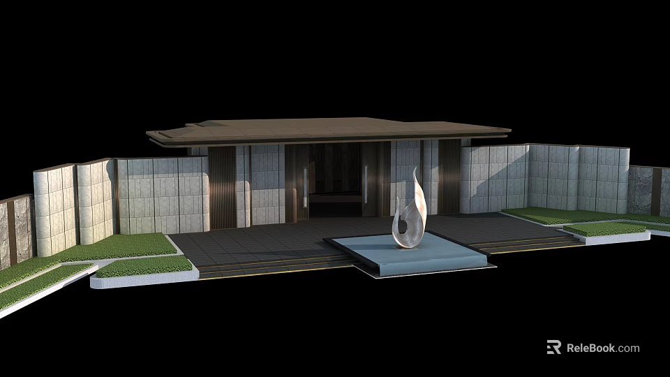 Modern Entrance Gate Design With Courtyard Sculpture Stone Walls And Lawn 3d model 