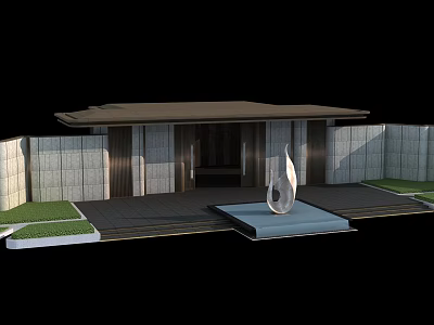 Modern Entrance Gate Design With Courtyard Sculpture Stone Walls And Lawn 3d model