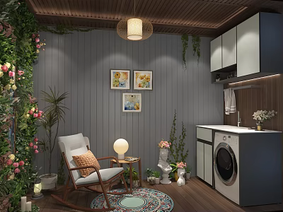Cozy Garden Nook With Lush Green Plants Pink Flowers Rocking Chair And Decorative Accents 3d model