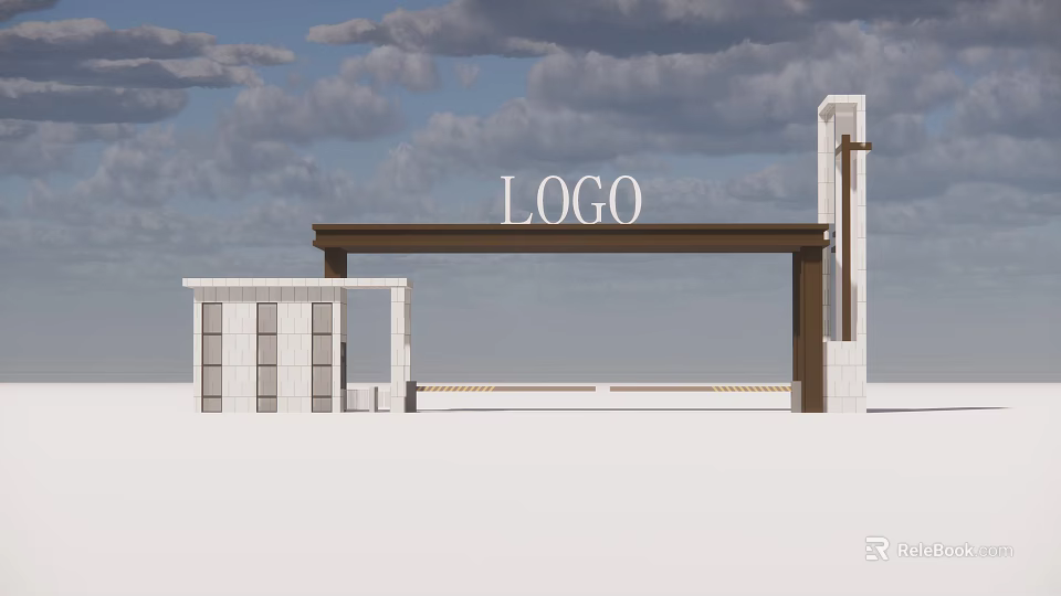 Modern Entrance Gate Design With LOGO Sign Canopy And Stone Columns 3d model 
