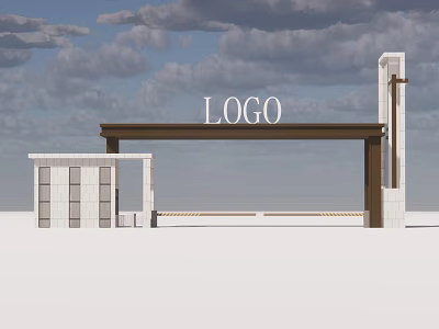 Modern Entrance Gate Design With LOGO Sign Canopy And Stone Columns 3d model