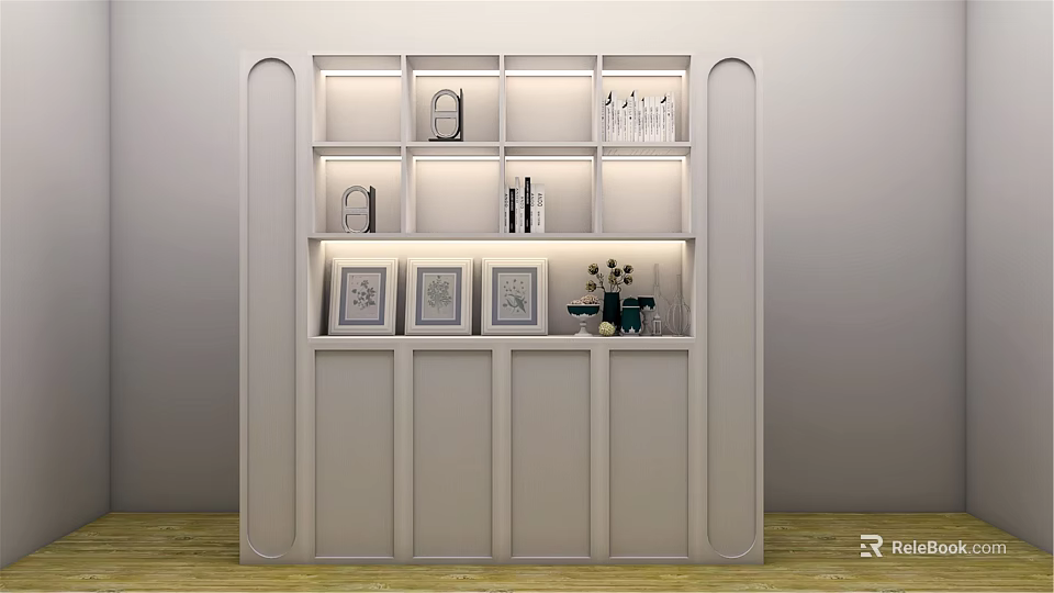 Elegant Modern White Sideboard With Open Shelves And Decorative Display Items 3d model 