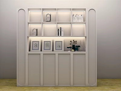 Elegant Modern White Sideboard With Open Shelves And Decorative Display Items 3d model