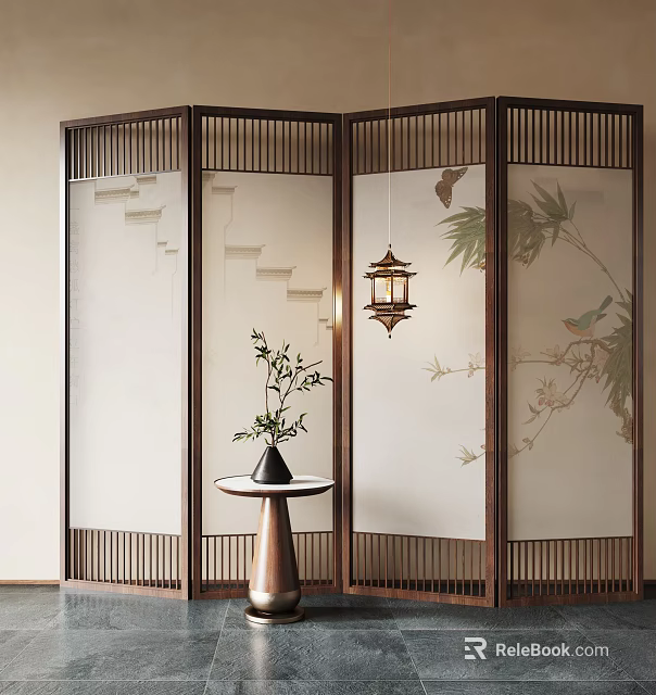 Traditional Chinese Screen With Hand Painted Art And Lantern 3d model