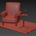 Vintage Leather Armchair On Green Wooden Mat With Side Table Candle Holder And Book