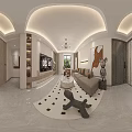 Modern Living and Dining Room Interior With Sofa Artwork Sculpture And Rug