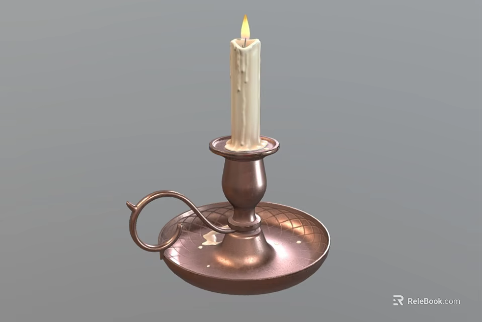 Lit White Candle On Brass Candlestick With Handle And Round Base 3d model 