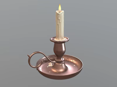 Lit White Candle On Brass Candlestick With Handle And Round Base 3d model
