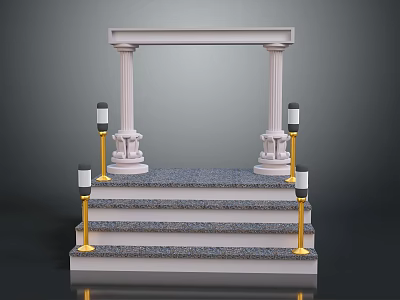 Classical Stairs With Textured Steps Gold Railings Black Lamps And White Columns 3d model