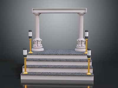 Classical Stairs With Textured Steps Gold Railings Black Lamps And White Columns 3d model