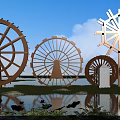 Rustic Garden Ornament Featuring Multiple Wooden Waterwheels Pond And Lush Aquatic Plants