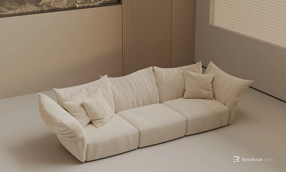 Modern Beige Fabric Three Seater Sofa With Multiple Soft Cushions In Living Room 3d model 
