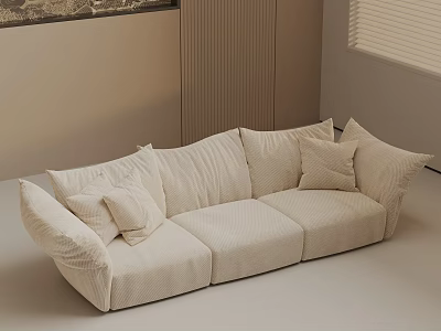 Modern Beige Fabric Three Seater Sofa With Multiple Soft Cushions In Living Room 3d model