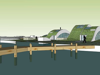 Modern Green Roof Buildings On Waterfront With Wooden Pier And People 3d model