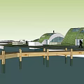 Modern Green Roof Buildings On Waterfront With Wooden Pier And People