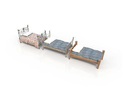 Vintage Style Beds With Ornate Metal And Wooden Frames And Patterned Blue Mattresses 3d model