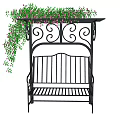Outdoor Iron Bench with Decorative Overhead Frame Adorned with Vines and Pink Flowers