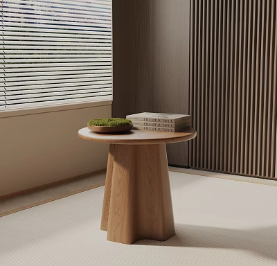 Minimalist Wooden Round Side Table With Moss Tray And Stacked Books In Modern Interior Setting 3d model