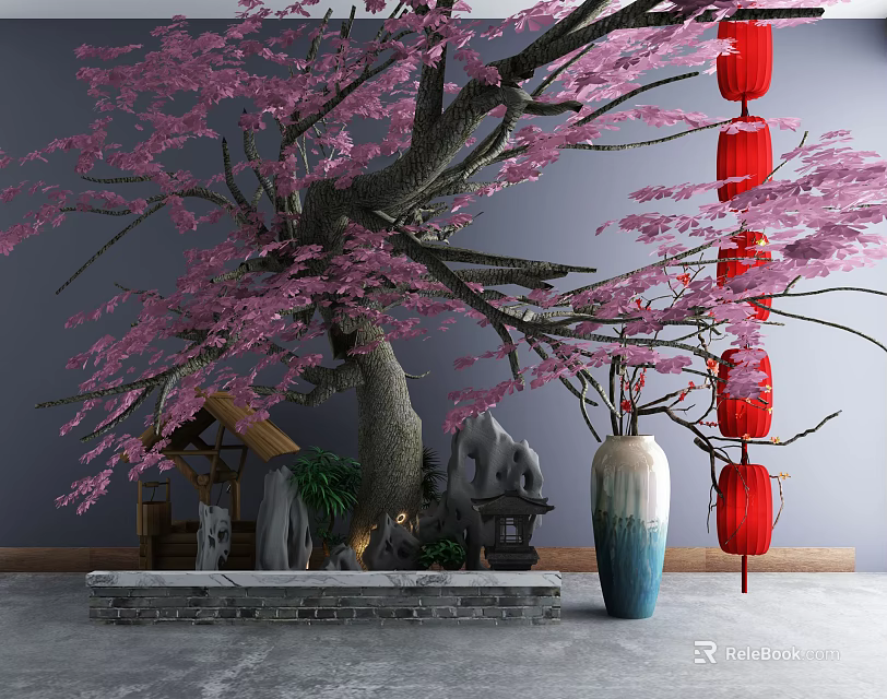 Garden Ornament Display With Pink Flowering Tree Red Lanterns And Ceramic Vase 3d model 