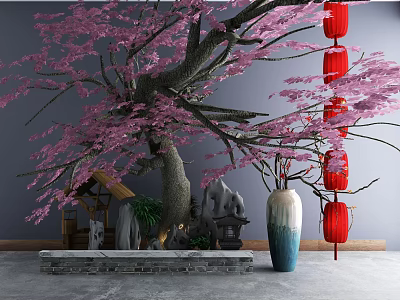 Garden Ornament Display With Pink Flowering Tree Red Lanterns And Ceramic Vase 3d model